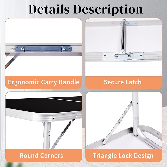 Outvita 3ft Portable Folding Camping Table, Outdoor Waterproof Adjustable Height Table, Aluminum Lightweight Suitcase Foldable Table for Picnic BBQ Beach Dining-VerdiqueGarden