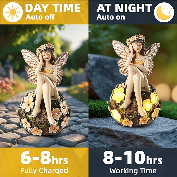 Solar Fairy Statue Sitting on The Flower Ball Light 6.8" Angel Statues for Garden Yard Patio Porch Lawn Decor Resin Fairy Figurine Outdoor Waterproof Angel Gifts for Women Mom Sister-VerdiqueGarden