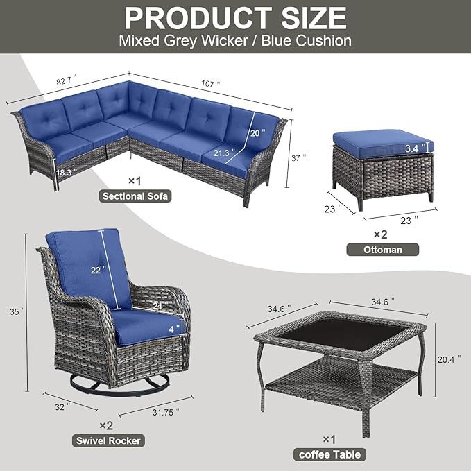 Outdoor Furniture Sectional Sofa L Shaped Couch - Patio Wicker Set with 2 Swivel Glider Chairs, 8 Piece Rattan Patio Conversation Sets with Blue Cushion for Deck Backyard Sunroom-VerdiqueGarden