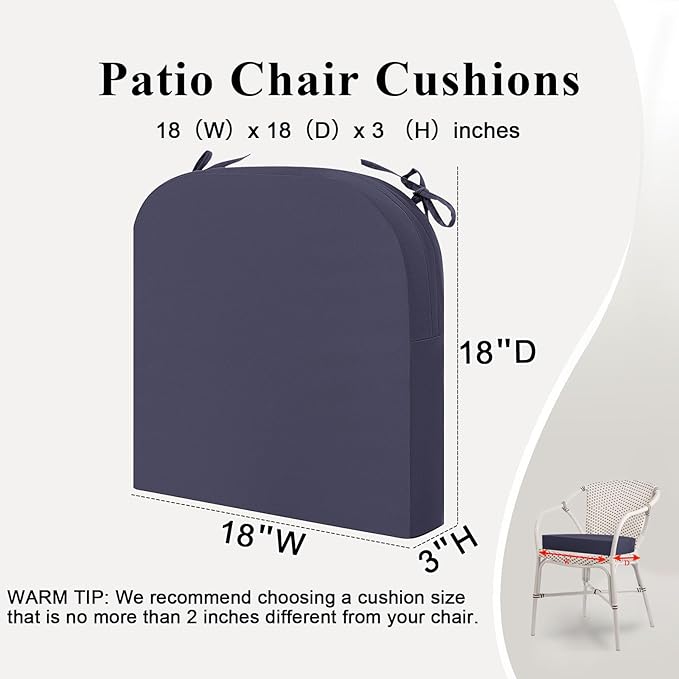 Outdoor Chair Cushions Set of 2, Waterproof Foam Patio Seat Cushions with Ties for Garden Sofa & Dining Furniture, 3-Year Color Fastness, 18x18x3 Inch, Grey-VerdiqueGarden