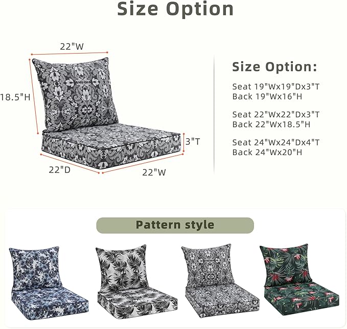 Favoyard Outdoor Seat Cushion 22 x 22 x 3 in Waterproof Pattern Fade Resistant Cover Removable Patio Furniture Cushions Deep Seat & Back Cushion Set with Adjustable Straps for Patio Chair Sofa Couch-VerdiqueGarden