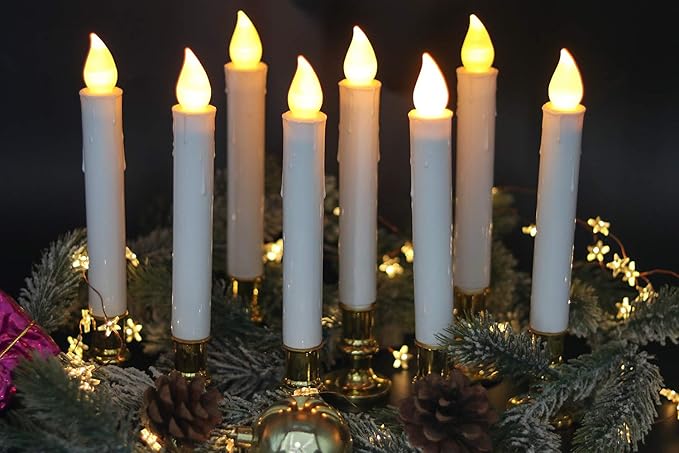 DRomance 9" Flameless Window Taper Candles Battery Operated with 8-Key Remote and Timer, 4 Pack White Christmas Holdiay Window Candles with Gold Holders, Suction Cups and AA Batteries Included-VerdiqueGarden