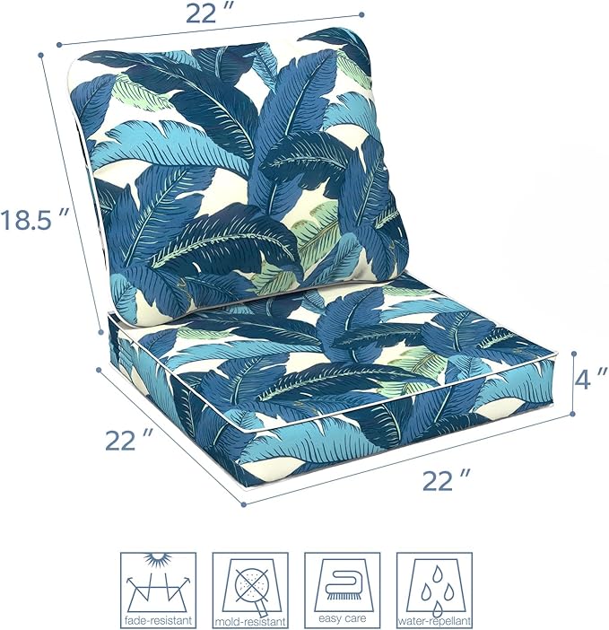 LVTXIII Outdoor Deep Seat Cushion 22"x22"x4" Patio Seat and Back Cushion Set Seasonal Chair Cushion for Dining Arm Chairs, Wicker Chairs and Garden Furniture Decoration, Swaying Palms Blue-VerdiqueGarden