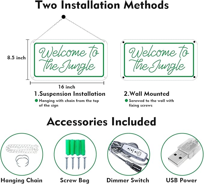 Welcome to the Jungle Neon Sign, Neon Light Sign for Wall Decor Dimmable Green LED signs for Bedroom Home Birthday Party Wedding Engagement Garden Man Cave Decor USB Powered-VerdiqueGarden