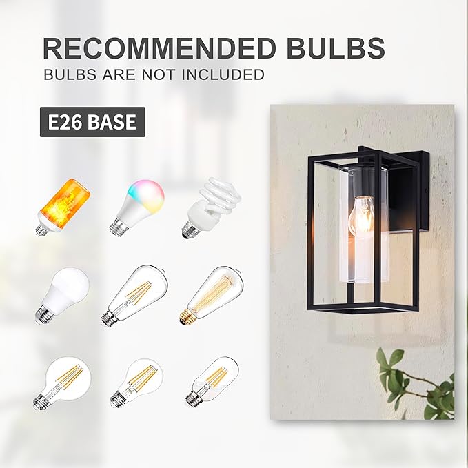 Pia Ricco Outdoor Wall Lights, Black Outdoor Wall Lantern with Square Clear Glass Shade, Waterproof Exterior Lighting Fixtures, Modern Front Porch Lighting for House, Garage, E26 Base, ETL Listed-VerdiqueGarden