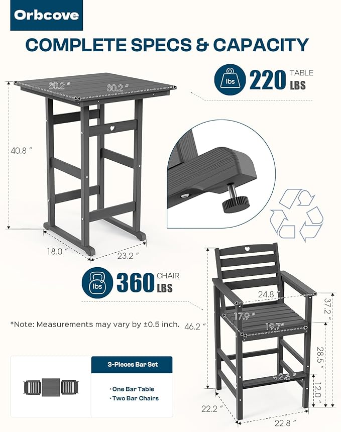 5-Piece Bar Height Outdoor Table and Chairs Set, HDPE Wood Grain Patio Bar Table and Chairs with Heart Cutout Design, Weather-Resistant Bar Height Furniture for Deck, Porch, Pool (Grey)-VerdiqueGarden