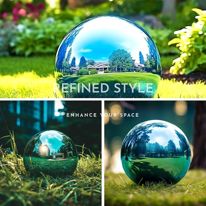 12 Inch Stainless Steel Gazing Globe,v2croft Hollow Ball Mirrored Surface Polished Shiny Sphere,Garden Stainless Steel Gazing Ball for Outdoor Lawn Pond Yard Ornament (Light Blue)-VerdiqueGarden