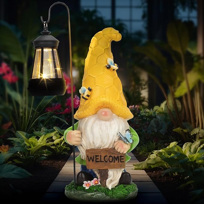 12.6'' Solar Large Garden Gnomes Outdoor Statues with Lantern, Welcome Gnome Garden Outdoor Decor Gift Waterproof Decoration for Patio, Balcony, Yard Ornament - Unique Housewarming Gifts-VerdiqueGarden