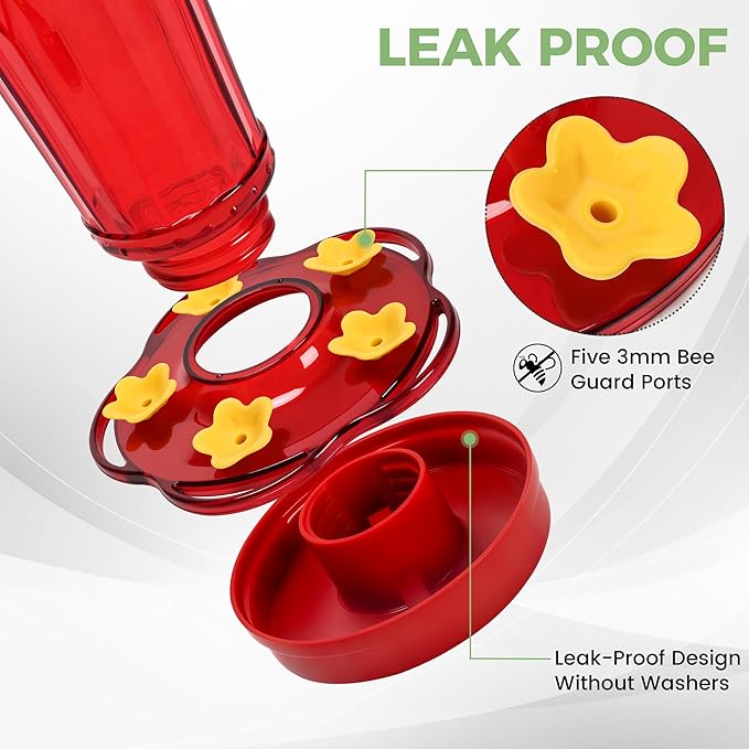 Hummingbird Feeder 2pack-14Ounces，5 Feeding Ports Glass Hummingbird feeders for Outdoors,Wide Mouth for Easy Filling/Cleaning，Hanging for Garden Backyard Decor, Includes Ant Moat (Red)-VerdiqueGarden