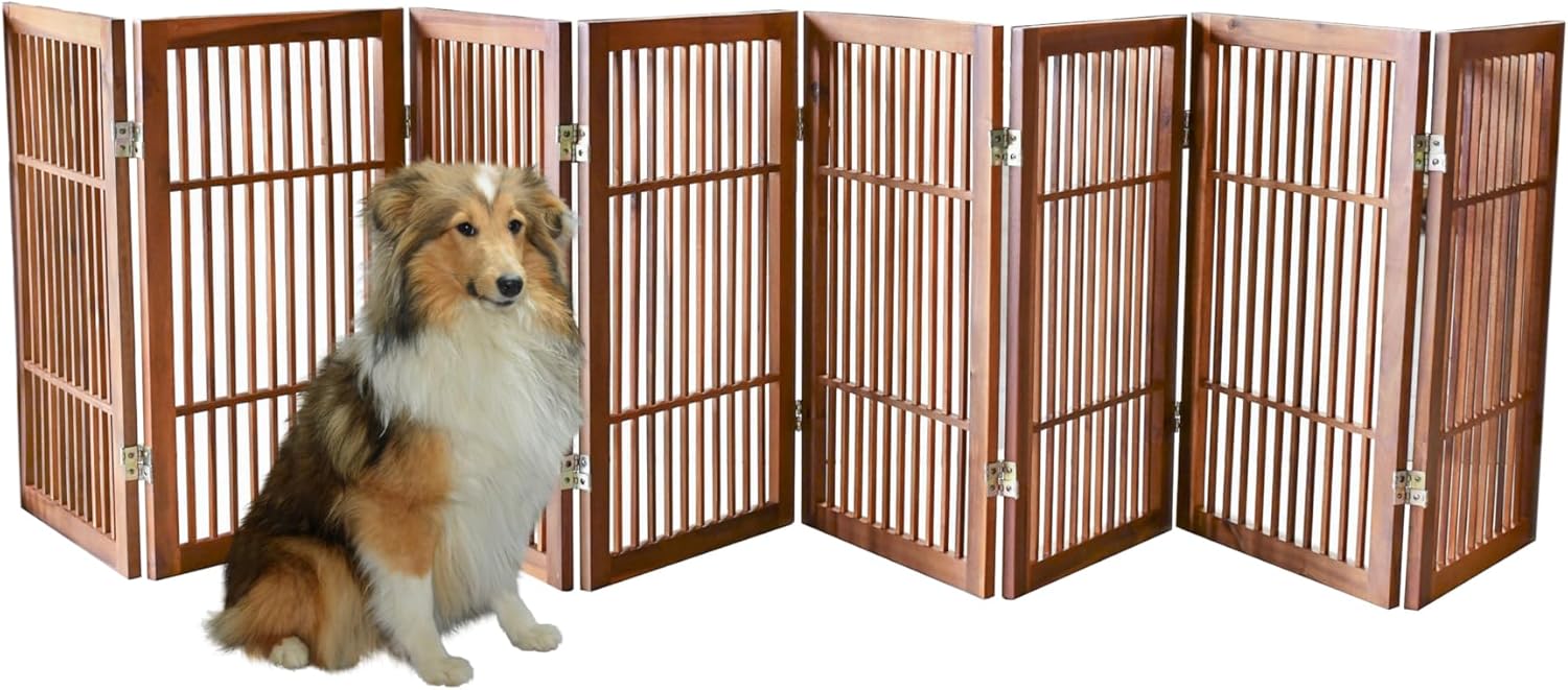 Pet Dog Gate Strong and Durable Freestanding Folding Acacia Hardwood Portable Wooden Fence Indoors or Outdoors by Urnporium (Brown Pet Gate, 8 Panel 30" Tall)-VerdiqueGarden