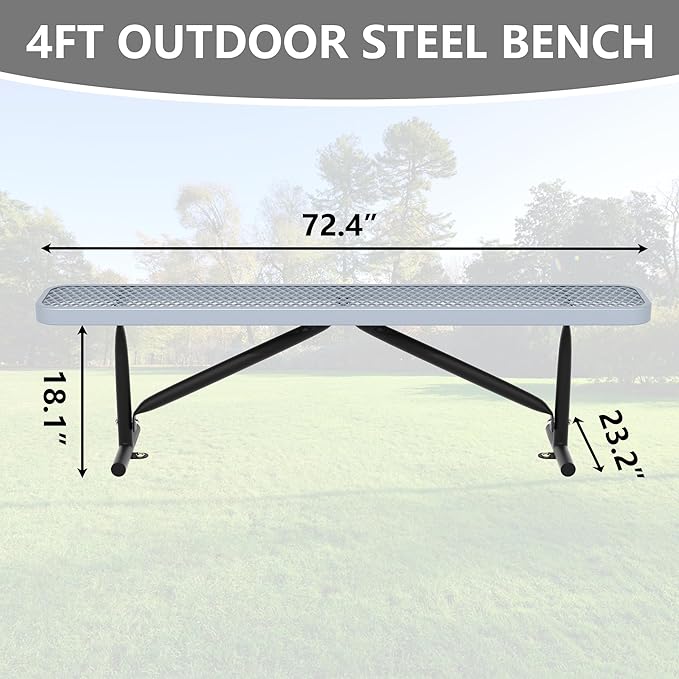 48" L Outdoor Steel Flat Bench, Heavy Duty Metal Park Bench for Outside, Expanded Metal, Commercial Benches Mesh Bench for Shopping Mall, Store, Lawn, Park, Patio, Deck, Garden (Grey, 6FT)-VerdiqueGarden