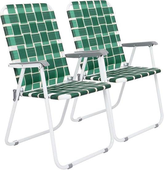 VINGLI Patio Lawn Webbed Folding Chairs Set of 2, Outdoor Beach Chair Portable Dining Chair for Outdoor Yard, Garden (Dark Green, Classic)-VerdiqueGarden