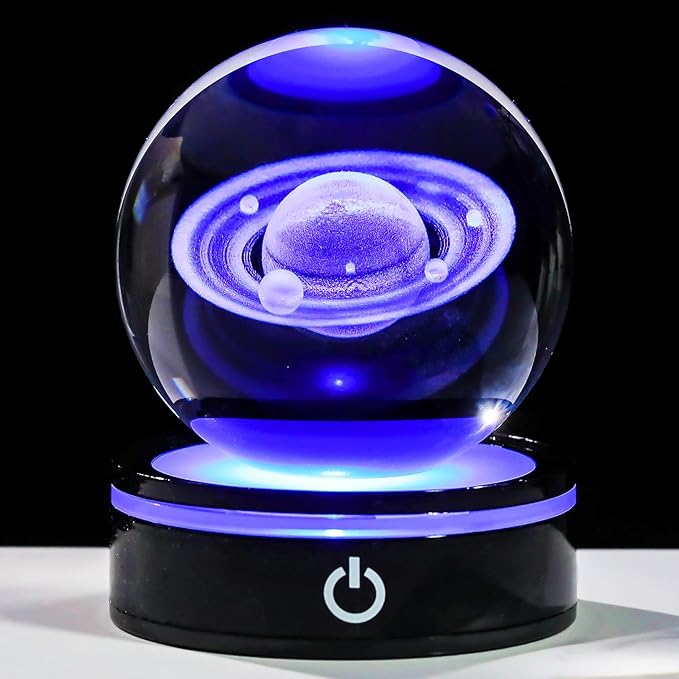 YWHL 3D Crystal Ball with LED Light Base, 3D Laser Engraved Glass Sphere Galaxy Crystal Ball for Home Decorations, Planet Saturn Lamp Gifts for Mother's Day Birthday Christmas (80mm)-VerdiqueGarden