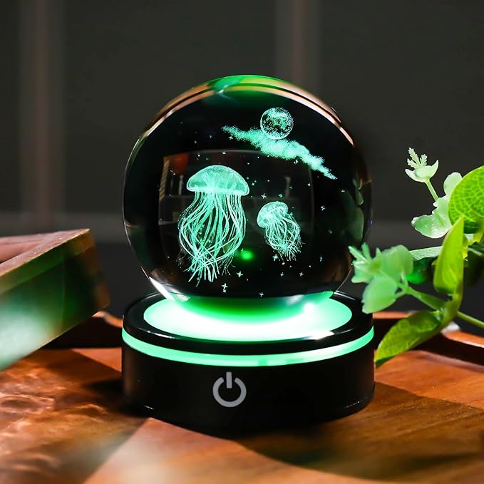 YWHL 3D Crystal Ball Moon Jellyfish Figurine with Colorful LED Base Laser Jellyfish Gifts for Women Men on Christmas Birthday Glass Jellyfish Statue Decorative Ball Night Light for Home Decor (80mm)-VerdiqueGarden