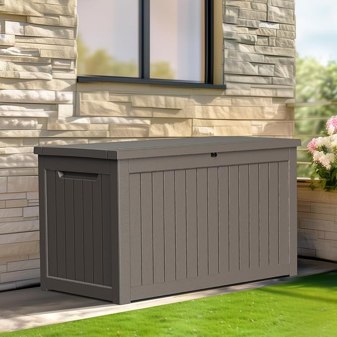 230 Gallon Resin Deck Box, Lockable Patio Outdoor Storage Box for Furniture, Garden Tools and Tools Storage, Waterproof Outside Storage Boxes - Grey-VerdiqueGarden