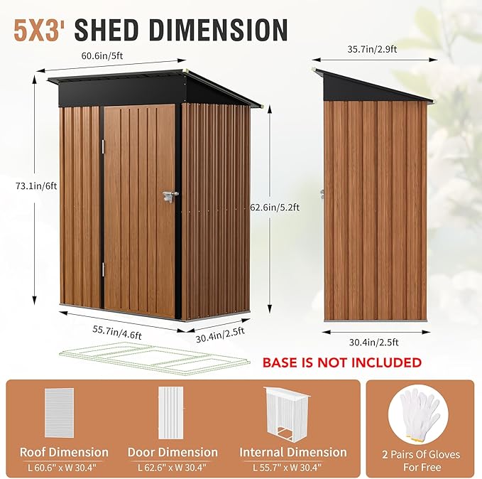 5x3 Ft Storage Shed, Outdoor Metal Shed with Lock, Small Lean to Shed, Compact Vertical Outside Bike Tiny House for Garden, Backyard, Patio, Tool-VerdiqueGarden