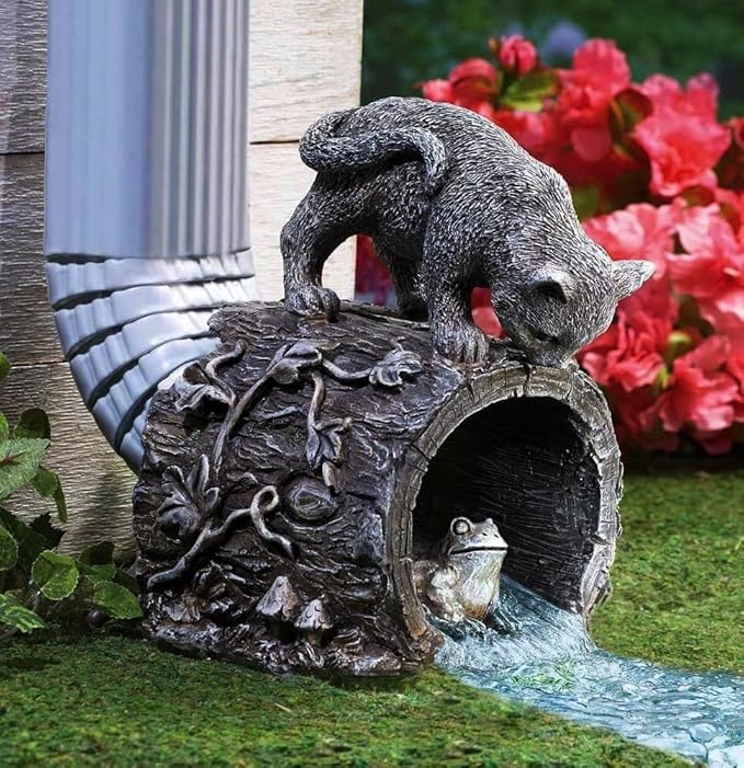 Gutter Downspout Extension - Downspout Splash Block - Downspout Diverter Garden Statue (Playful Chasing Kitty and Frog)-VerdiqueGarden