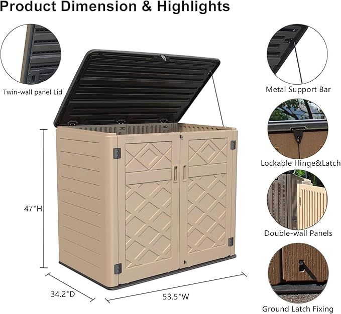 HOMSPARK Storage Shed Weather Resistance, Multi-Purpose Outdoor Storage Cabinet for Backyards and Patios, Horizontal Storage Shed for Lawnmower, Patio Accessories (Coffee, X Large - 48 cu.ft)-VerdiqueGarden
