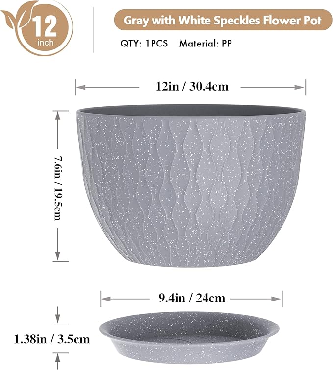 12 Inch Wide Water Ripples Flower Pots for Indoor or Outdoor Plants, Large Plant Pots with Drainage Holes & Saucer, Plastic Planters Set for Garden & Home Decor (Grey with White Speckles)-VerdiqueGarden