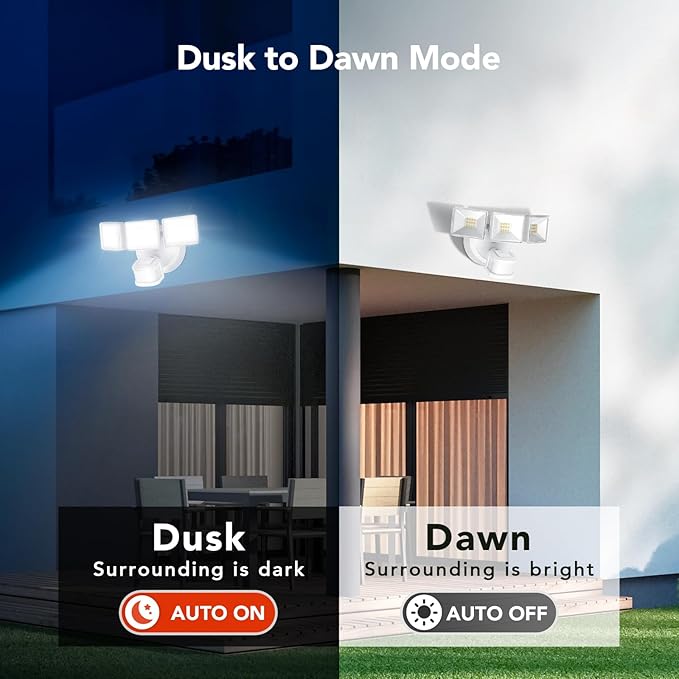 OREiN 3500LM/26W Flood Lights Outdoor, 240°/40FT Motion Sensor Outdoor Lights Dusk to Dawn Security Lights IP65 Waterproof 3 Modes for Outside 3500SQ.FT Front Door, Garage, White (Hardwired)-VerdiqueGarden