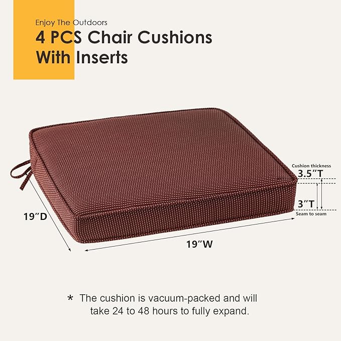 Outdoor Square Corner Seat Cushion, 19"x19"x3", Set of 4, Non Slip Seat Cushion Pads with Removable Cover for Patio Furniture, Garden Yard Lawn, Tan Dotted Red Base-VerdiqueGarden