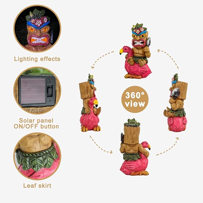 Solar Tiki Statue Flamingos Decor - Tiki Decorations Outdoor for Bar, Patio, Balcony, Yard,Lawn Ornament-VerdiqueGarden