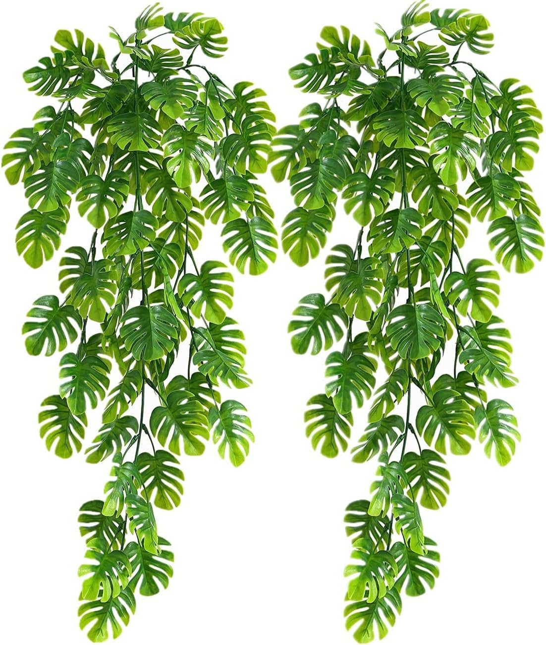 RECUTMS Artificial Hanging Plants 2 Pack, Fake Monstera Leaves Ivy Vine Faux Greenery UV Resistant Outdoor Tropical Palm Leaf Plant for Garden Home Jungle Hawaiian Luau Party Spring Summer Décor-VerdiqueGarden