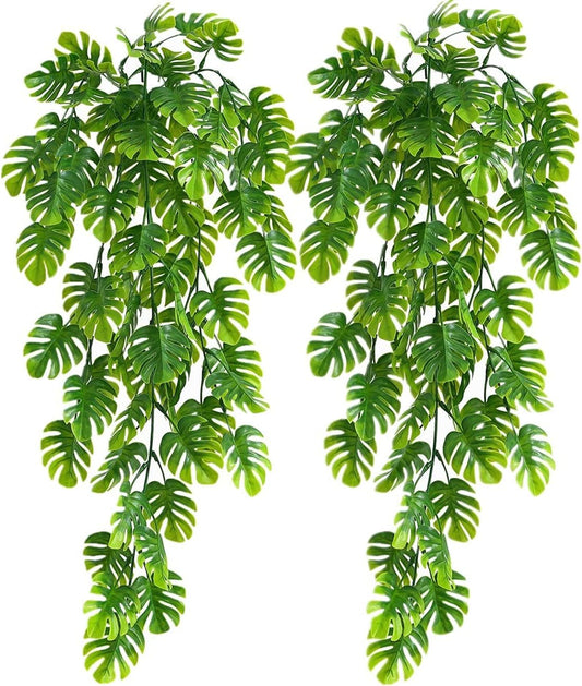 RECUTMS Artificial Hanging Plants 2 Pack, Fake Monstera Leaves Ivy Vine Faux Greenery UV Resistant Outdoor Tropical Palm Leaf Plant for Garden Home Jungle Hawaiian Luau Party Spring Summer Décor-VerdiqueGarden