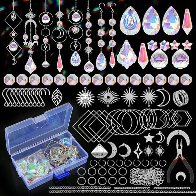 HYBEADS 200 Pcs DIY Suncatcher Making Kits for Adults Crystal Sun Catchers Crafts with Hooks Chains Pendants Rainbow Maker for Window Hanging Prism Indoor Outdoor Garden Xmas Wedding Party Decor-VerdiqueGarden