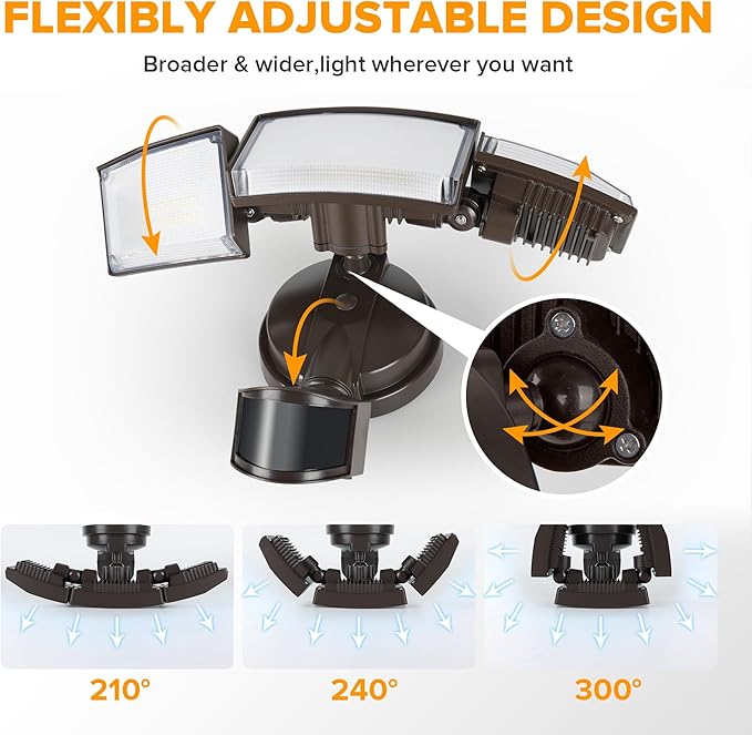 LUTEC 72W 7500LM LED Security Lights Motion Sensor Light Outdoor, 5000K Daylight, IP65 Waterproof, Dusk to Dawn, 3-Head Motion Detected Flood Light for Garage, Yard, Porch(Brown)-VerdiqueGarden