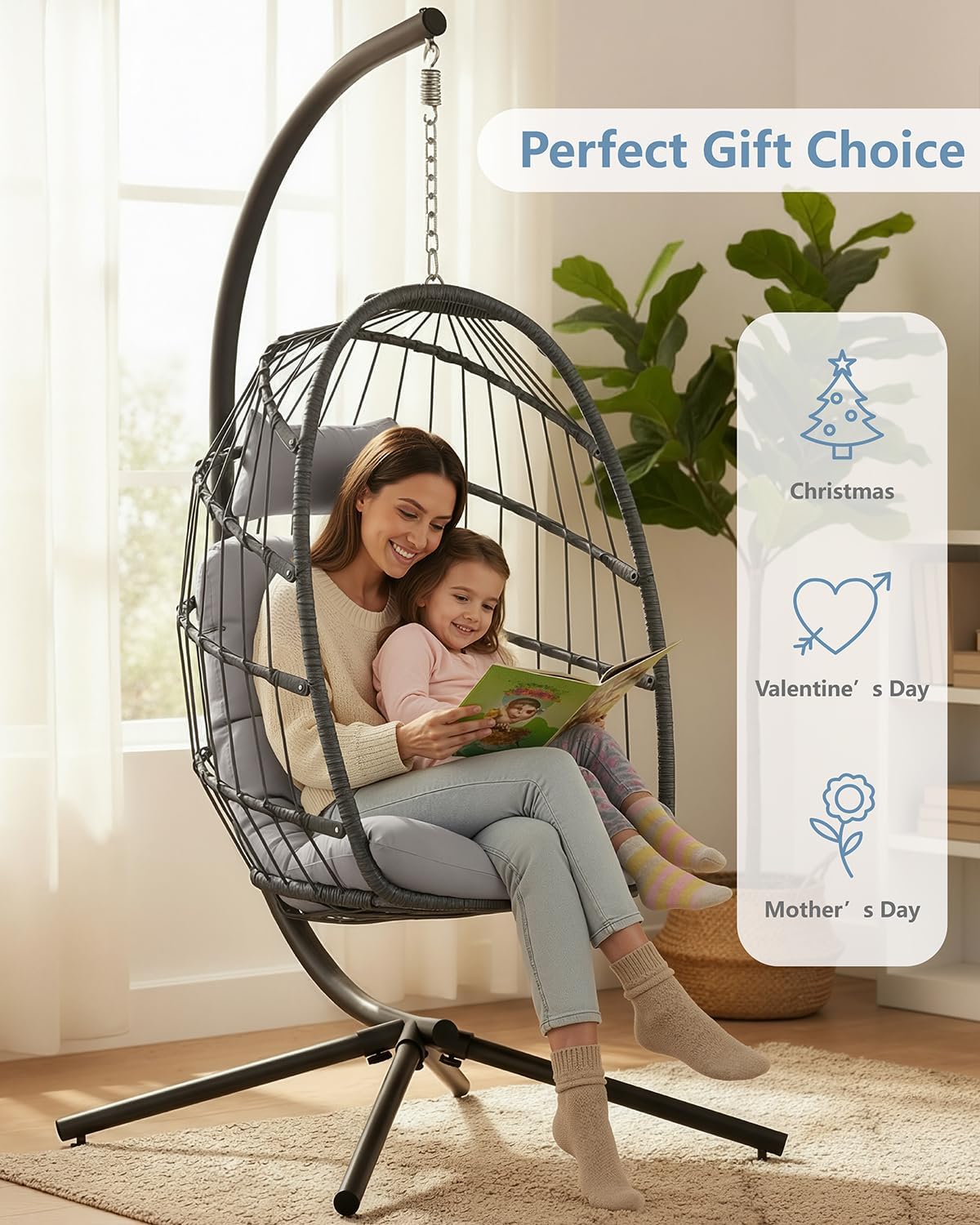 SWITTE Egg Chair Outdoor with Stand, Indoor Wicker Hanging Egg Swing Chair with Cushion, 350lbs Capacity for Patio, Bedroom, Garden - Light Grey-VerdiqueGarden