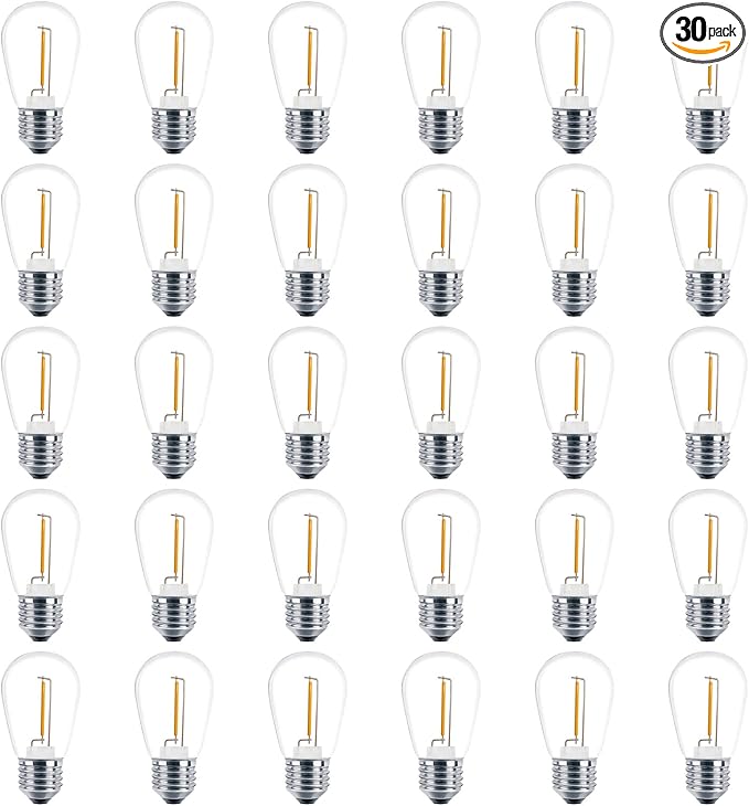 Meconard 30 Pack S14 Edison String Light Bulbs, 1 Watt Replacement Bulbs for Outdoor String Lights, Low Wattage Shatterproof LED Filament Patio Bulbs, E26 Medium Base, 2200K Warm White, Non-Dimmable-VerdiqueGarden