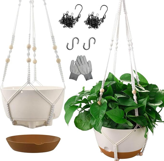 10 Inch Hanging Planters for Indoor Plants,Set of 2 Hanging Pots for Plants with Self-Watering, Outdoor Hanging Plant Pot with Drainage and 2 Kinds of Hanging Baskets Hangers for Home Decor and Garden-VerdiqueGarden