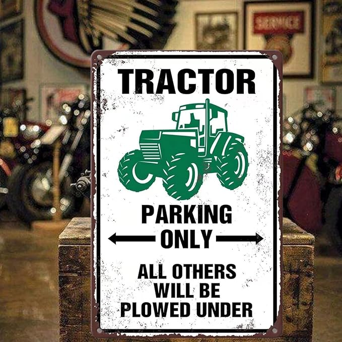 Tractor Tin Signs Antique Tractor Wall Decor Outdoor Tractor Crossing Signs Metal Tractor Parking Only All Others Will Be Plowed Under Sign Tractor Crossing Road Sign Green Tractor Gifts For Men-VerdiqueGarden