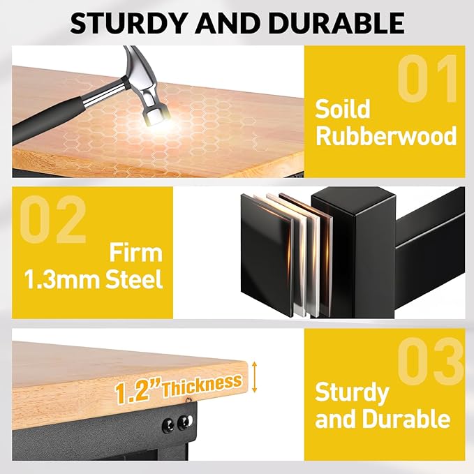 48" Workbench with Drawers, Adjustable Height Work Bench 2000 LBS Heavy-Duty Work Table Rubber Wood Work Station with Power Outlet & Pegboard for Garage, Office, Workshop, Home, Party Shop-VerdiqueGarden