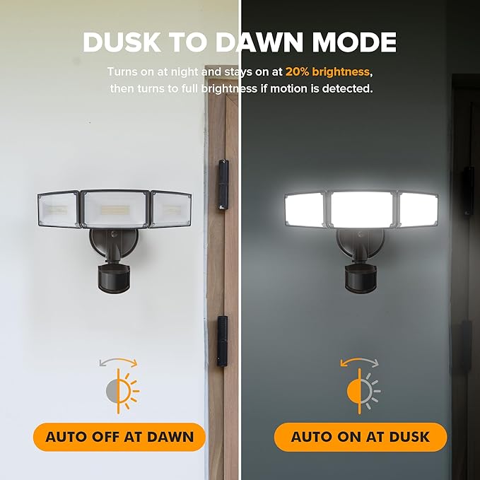 LUTEC 72W 7500LM LED Security Lights Motion Sensor Light Outdoor, 5000K Daylight, IP65 Waterproof, Dusk to Dawn, 3-Head Motion Detected Flood Light for Garage, Yard, Porch(Brown)-VerdiqueGarden