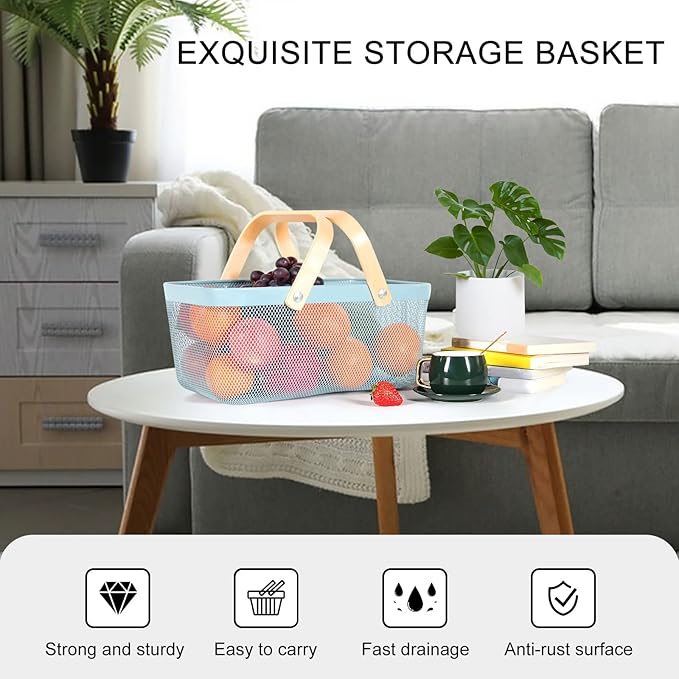 Garden Harvest Basket,Delicate Harvest Basket for Garden Vegetables,Practical Metal Mesh Wire Basket with Handle Suitable for Bathroom,Cabinet,Kitchen(Blue)-VerdiqueGarden