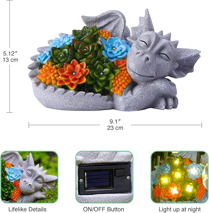 Solar Dragon Statue with Succulent Lights - Dragon Garden Sculptures & Statues，Garden Decor for Outdoor Yard Art Ornaments 9.1inch (Gray)-VerdiqueGarden