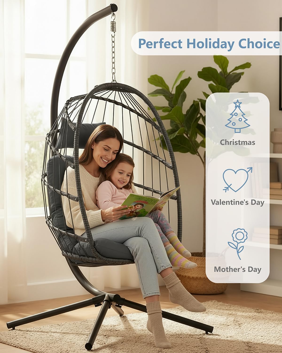 SWITTE Egg Chair Outdoor with Stand, Indoor Wicker Hanging Egg Swing Chair with Cushion, 350lbs Capacity for Patio, Bedroom, Garden - Dark Grey-VerdiqueGarden