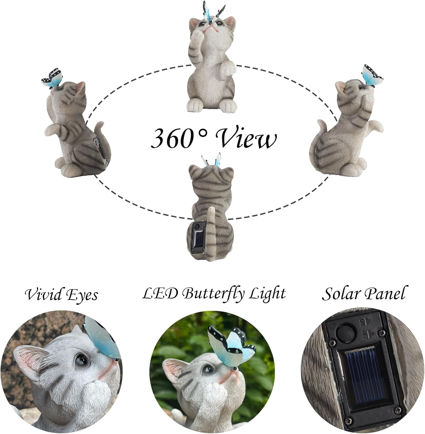 Solar Cat Outdoor Figurines Garden Decor with Butterfly Cat Statue Light for Lawn Ornaments Porch Patio Balcony Yard Decorations Outdoor Birthday Gifts for Women Grandma Mother’s Day-VerdiqueGarden