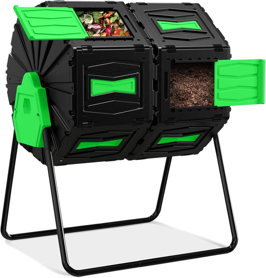 Compost Tumbler, Easy Assemble & Efficient Outdoor Compost Bin, 45 Gallon/170 Liter Large Dual Chamber Rotating Composter for Garden, Kitchen, and Yard Waste, Green Door-VerdiqueGarden