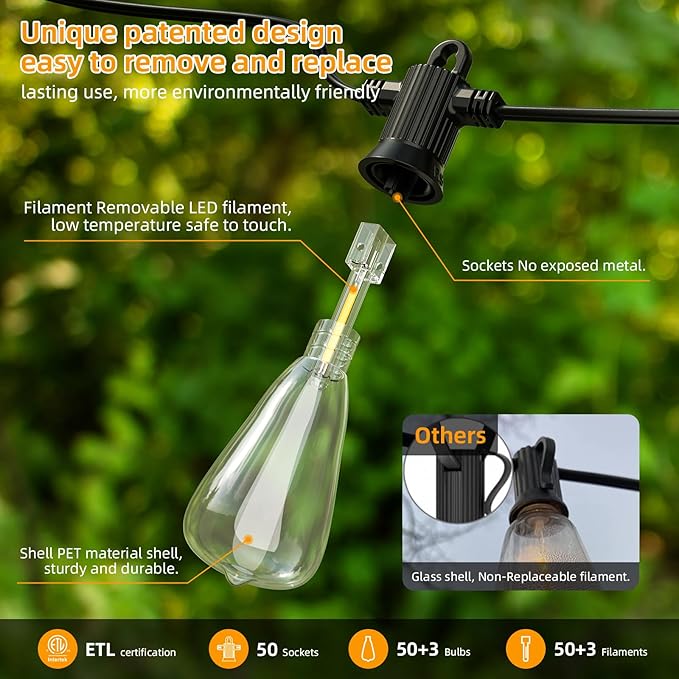 FOOMAN LED Outdoor String Lights, 100FT Outside Waterproof Patio Lights with 50+3 Shatterproof ST38 Edison Bulbs, 2700K Warm White Hanging Light, Dimmable Light for Back Yard Porch Party Gezebo-VerdiqueGarden