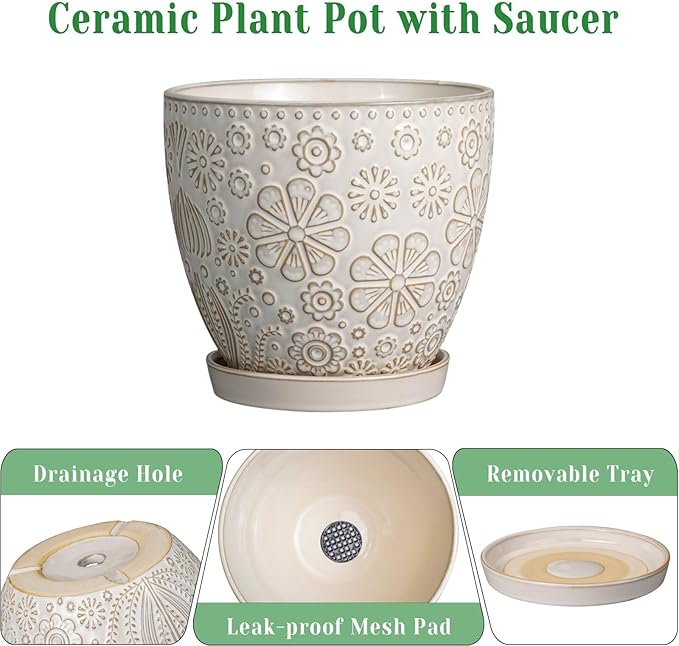 10 Inch Ceramic Planter Pot Large Plant Pot for Indoor Plants Outdoor Round Flower Pot with Drainage Hole and Saucer for Home Garden Decor White-VerdiqueGarden
