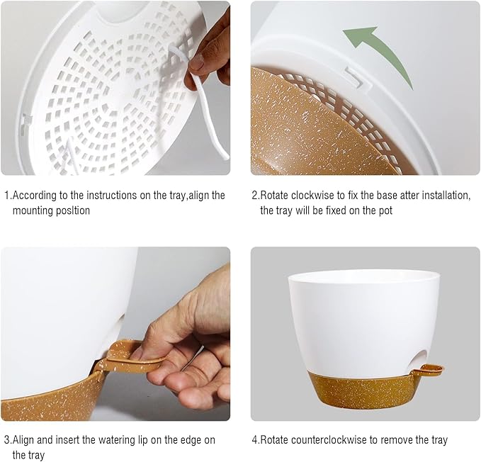 10/9/8 inch Self Watering Pots, Set of 3 Plastic Planters with Mesh Drainage Holes and Deep Reservoir for Indoor Outdoor Garden Plants and Flowers, White with Brown-VerdiqueGarden