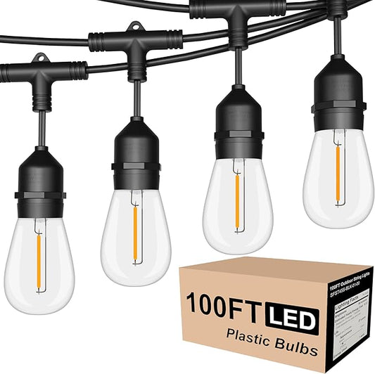 Outdoor String Lights LED 100FT Commercial Grade Heavy Duty Light String Lights with 30 Sockets 32 Shatterproof Plastic Bulbs Include 2 Spare S14 Dimmable Edison Bulbs Patio Market Cafe Light-VerdiqueGarden