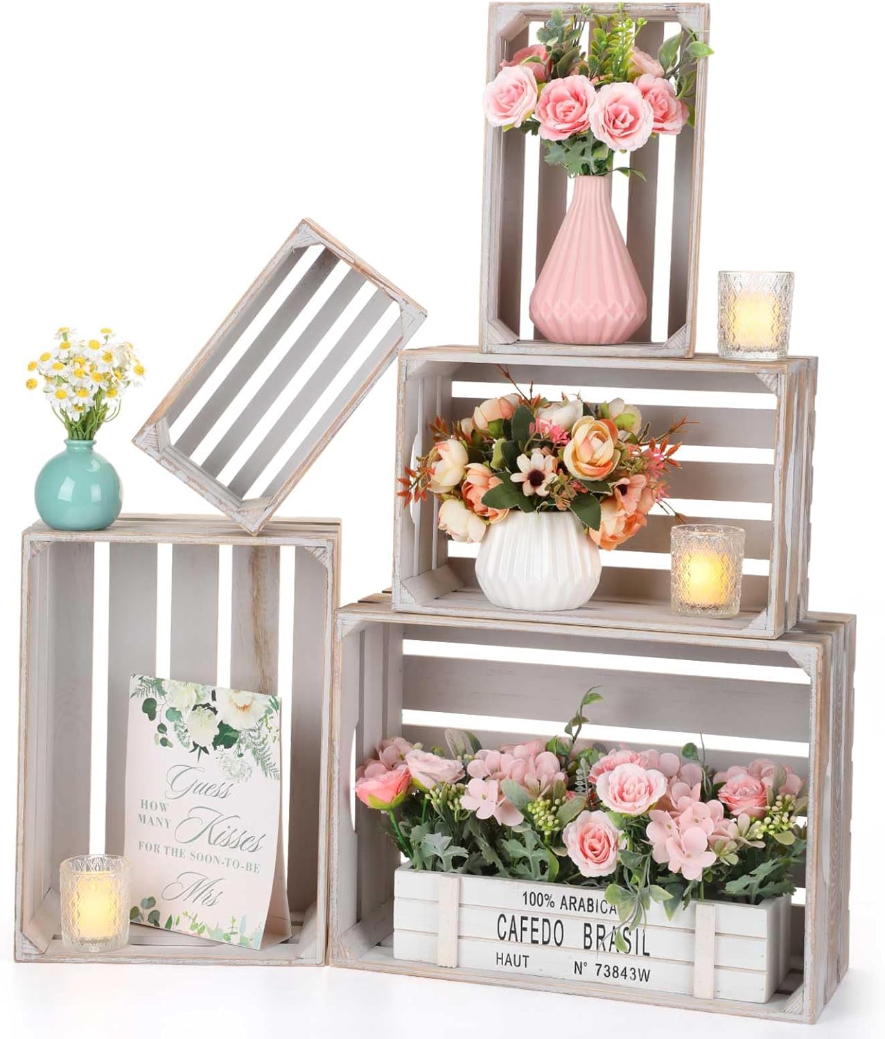 Soaoo 5 Pcs Decorative Nesting Wooden Crates for Storage Display 5 Size Large Small Rustic Wood Decorative Storage Crates with Handle Farmhouse Crate Box Container Made from Pine(Vintage Gray)-VerdiqueGarden