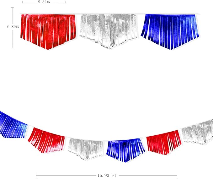Blue Red Silver Tassel Banner Metallic Fabric Pennant Bunting Flag for 4th of July American USA National Day Patriotic Veterans Graduation Wedding Birthday Retirement Nautical Party Decorations-VerdiqueGarden