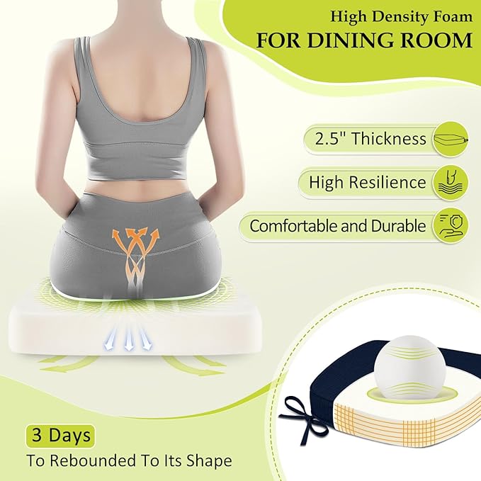 Chair Cushions for Dining Chairs, Indoor Chair Cushions with Ties，Waterproof Chair Pads Set of 4, Navy Blue, 17x16x2.5 Inch-VerdiqueGarden