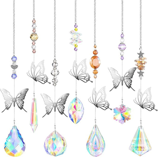 Hicarer 7 Pieces Crystals Suncatcher Butterfly Prism Sun Catchers Colorful Crystal Chandelier Rainbow Pendant Christmas Tree Decor Wall Hanging Window Ornament-VerdiqueGarden