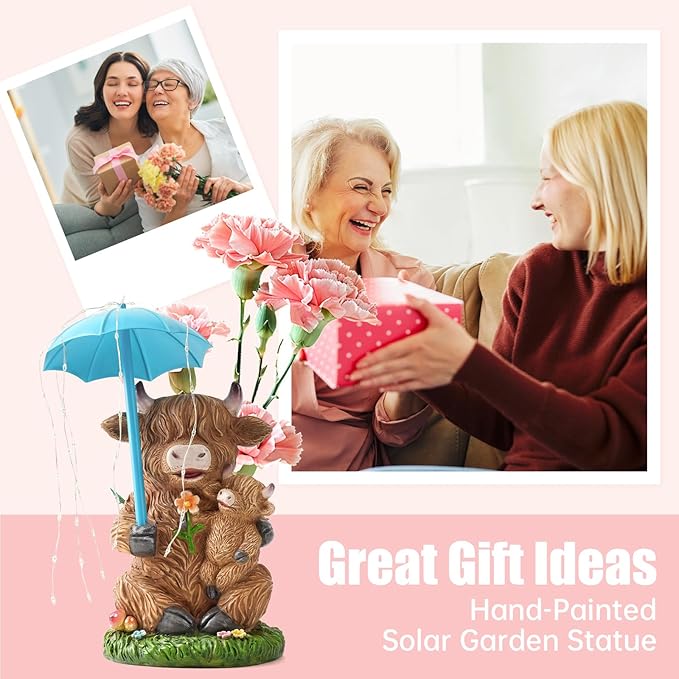 Solar Garden Statues Resin Loving Highland Cow Umbrella Lights Outdoor Decor Gifts for Yard, Patio Decorations-VerdiqueGarden